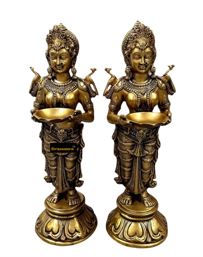 Brassaura™ Handcrafted Brass Oil Lamp (Pair) with Sturdy Base | 30 Inches Height | 32 Kgs (Pair) | Ideal for Prayer & Meditation