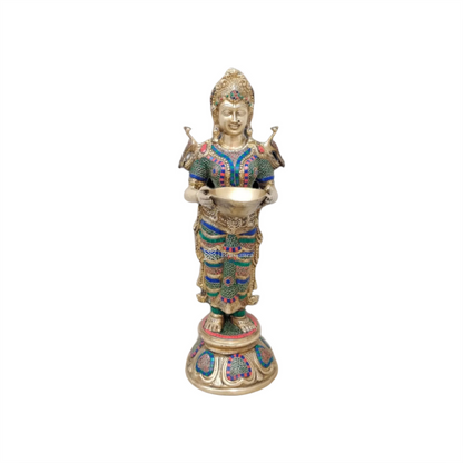 Brassaura™ Superfine Brass Lakshmi Deepam Lamp with Natural Stone Inlay | 30 Inches Height | 17 Kgs Weight | Traditional Decor & Gifting