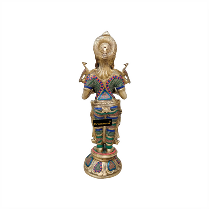 Brassaura™ Superfine Brass Lakshmi Deepam Lamp with Natural Stone Inlay | 30 Inches Height | 17 Kgs Weight | Traditional Decor & Gifting