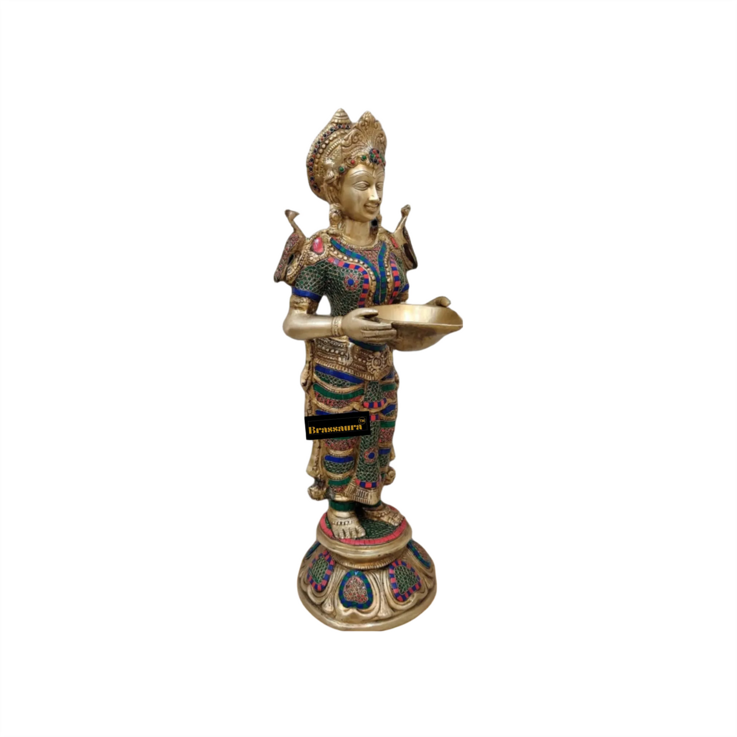 Brassaura™ Superfine Brass Lakshmi Deepam Lamp with Natural Stone Inlay | 30 Inches Height | 17 Kgs Weight | Traditional Decor & Gifting