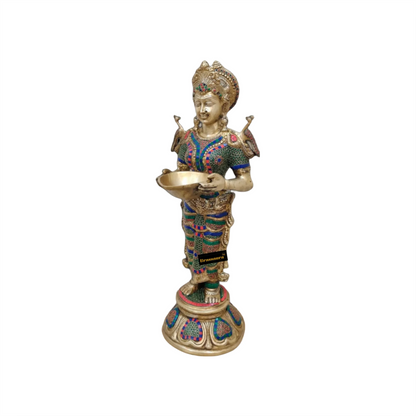 Brassaura™ Superfine Brass Lakshmi Deepam Lamp with Natural Stone Inlay | 30 Inches Height | 17 Kgs Weight | Traditional Decor & Gifting