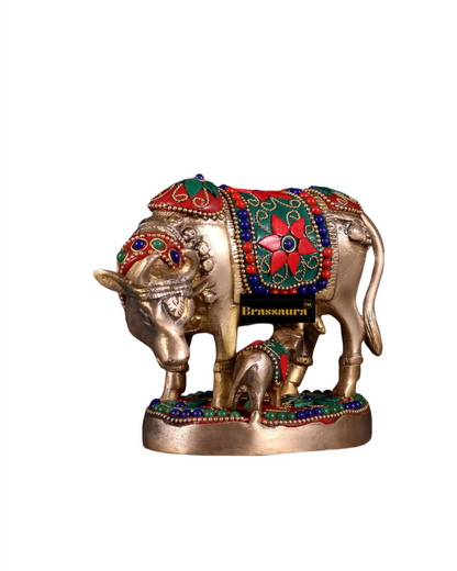 Brassaura™ Handcrafted Brass Kamdhenu Cow with Calf Idol | 3.8 Inches Height | 915g Weight | Symbol of Abundance & Blessings