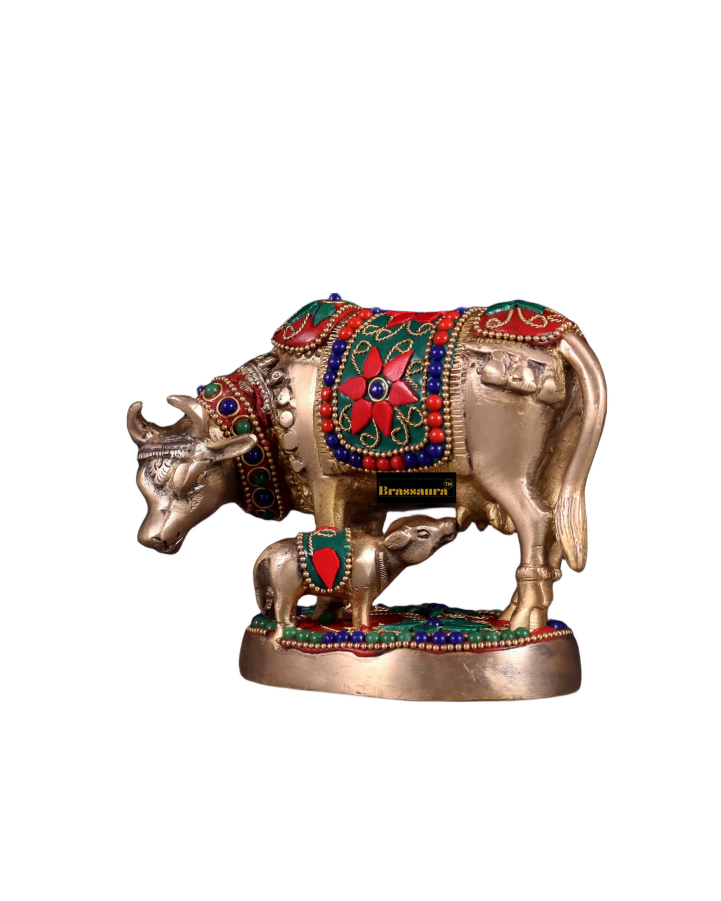 Brassaura™ Handcrafted Brass Kamdhenu Cow with Calf Idol | 3.8 Inches Height | 915g Weight | Symbol of Abundance & Blessings