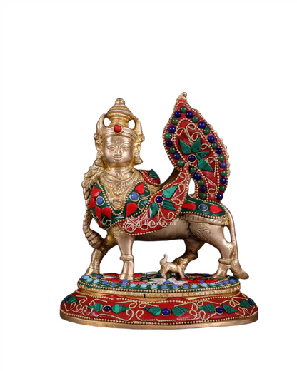 Brassaura™ Brass Kamdhenu Cow with Calf – Meenakari Stonework | 7 Inches Height | 1.59 Kgs Weight | Symbol of Nurturing & Prosperity