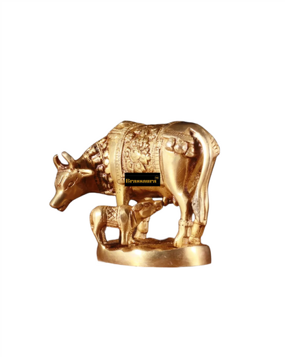 Brassaura™ Handcrafted Brass Kamdhenu Cow with Calf Idol | 3.8 Inches Height | 915g Weight | Symbol of Abundance & Prosperity