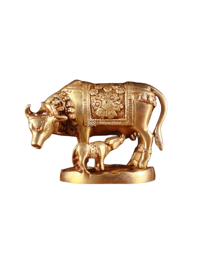 Brassaura™ Handcrafted Brass Kamdhenu Cow with Calf Idol | 3.8 Inches Height | 915g Weight | Symbol of Abundance & Prosperity