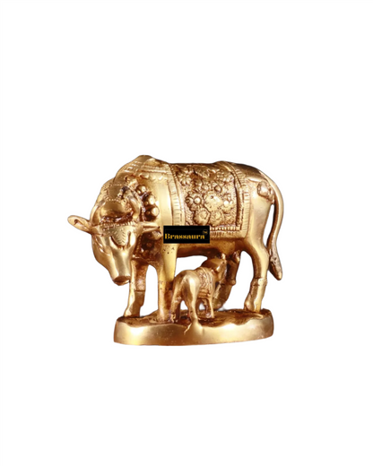 Brassaura™ Handcrafted Brass Kamdhenu Cow with Calf Idol | 3.8 Inches Height | 915g Weight | Symbol of Abundance & Prosperity
