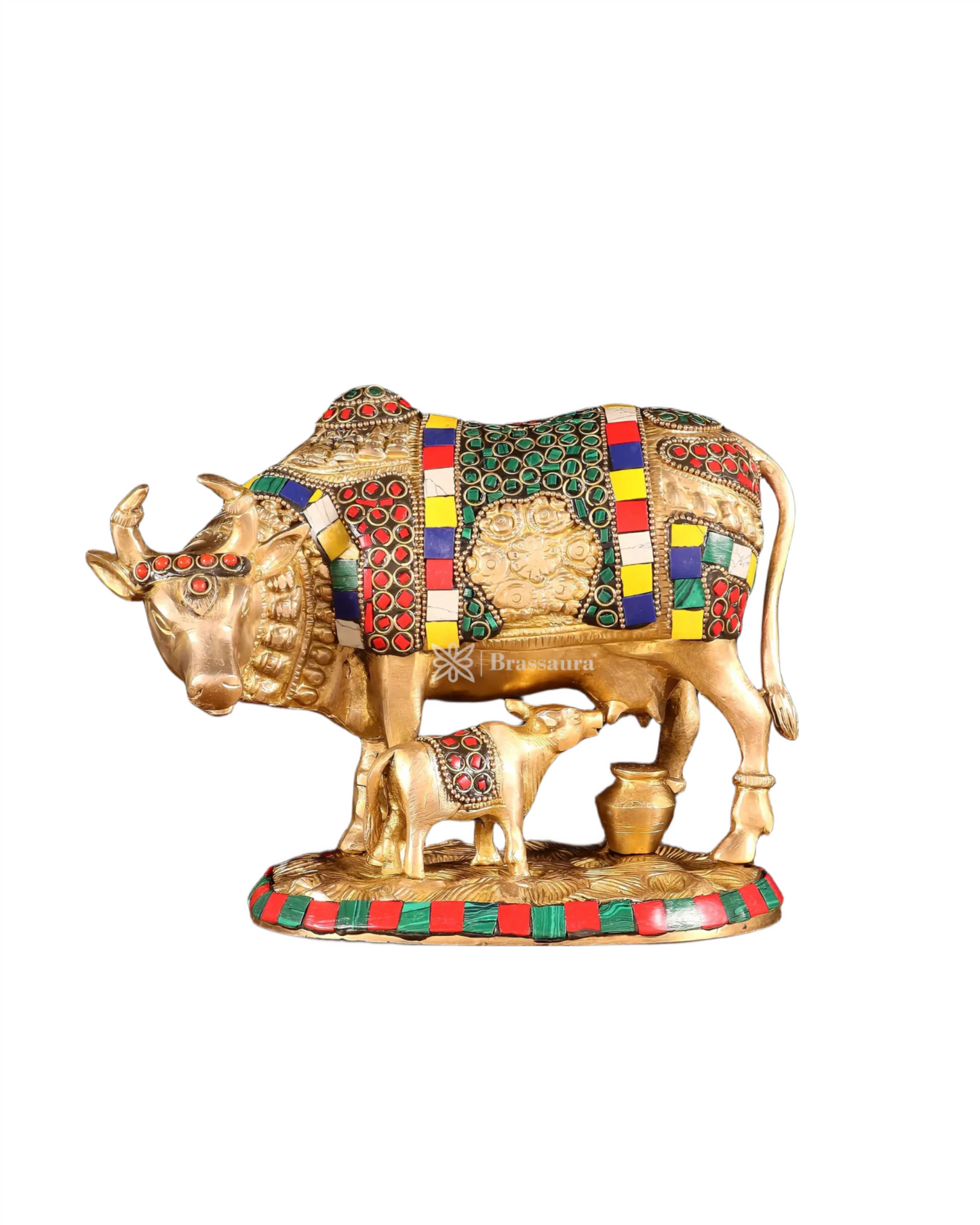 Brassaura™ Brass Kamdhenu Cow with Calf – Meenakari Stonework | 7 Inches Height | 3.25 Kgs Weight | Symbol of Prosperity & Protection