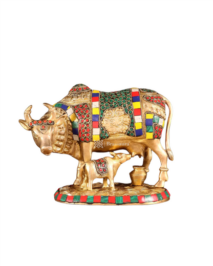 Brassaura™ Brass Kamdhenu Cow with Calf – Meenakari Stonework | 7 Inches Height | 3.25 Kgs Weight | Symbol of Prosperity & Protection