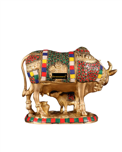 Brassaura™ Brass Kamdhenu Cow with Calf – Meenakari Stonework | 7 Inches Height | 3.25 Kgs Weight | Symbol of Prosperity & Protection