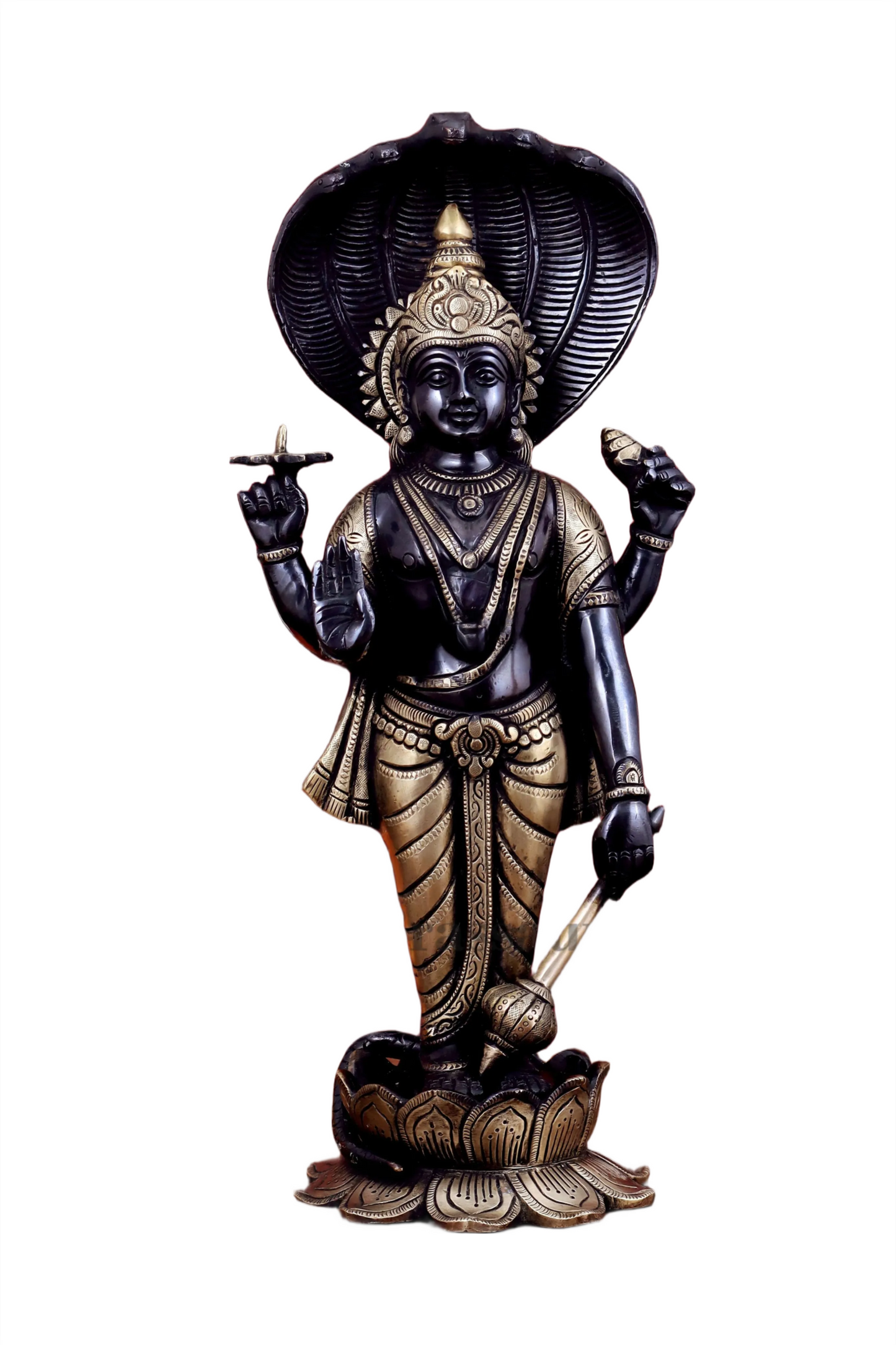 Brassaura™ Handcrafted Pure Brass Lord Vishnu on Lotus Base with Sheshnaag | 17 Inch Height | 7 KG Weight | Black Heat-Treated Finish