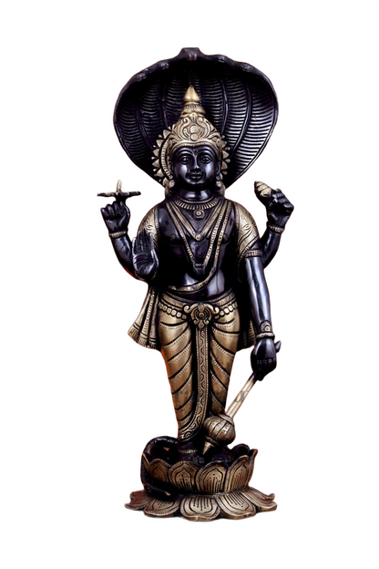 Brassaura™ Handcrafted Pure Brass Lord Vishnu on Lotus Base with Sheshnaag | 17 Inch Height | 7 KG Weight | Black Heat-Treated Finish