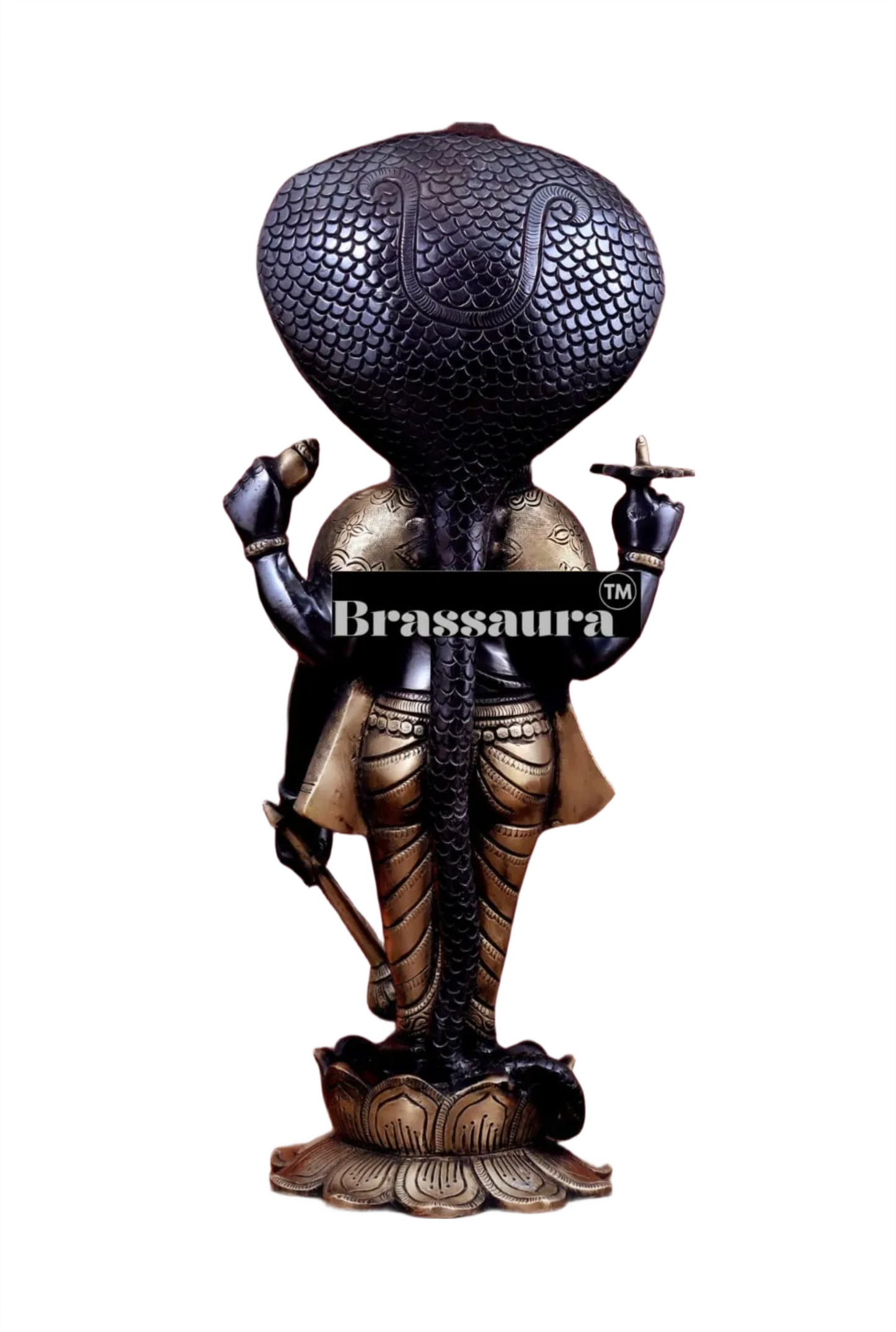 Brassaura™ Handcrafted Pure Brass Lord Vishnu on Lotus Base with Sheshnaag | 17 Inch Height | 7 KG Weight | Black Heat-Treated Finish