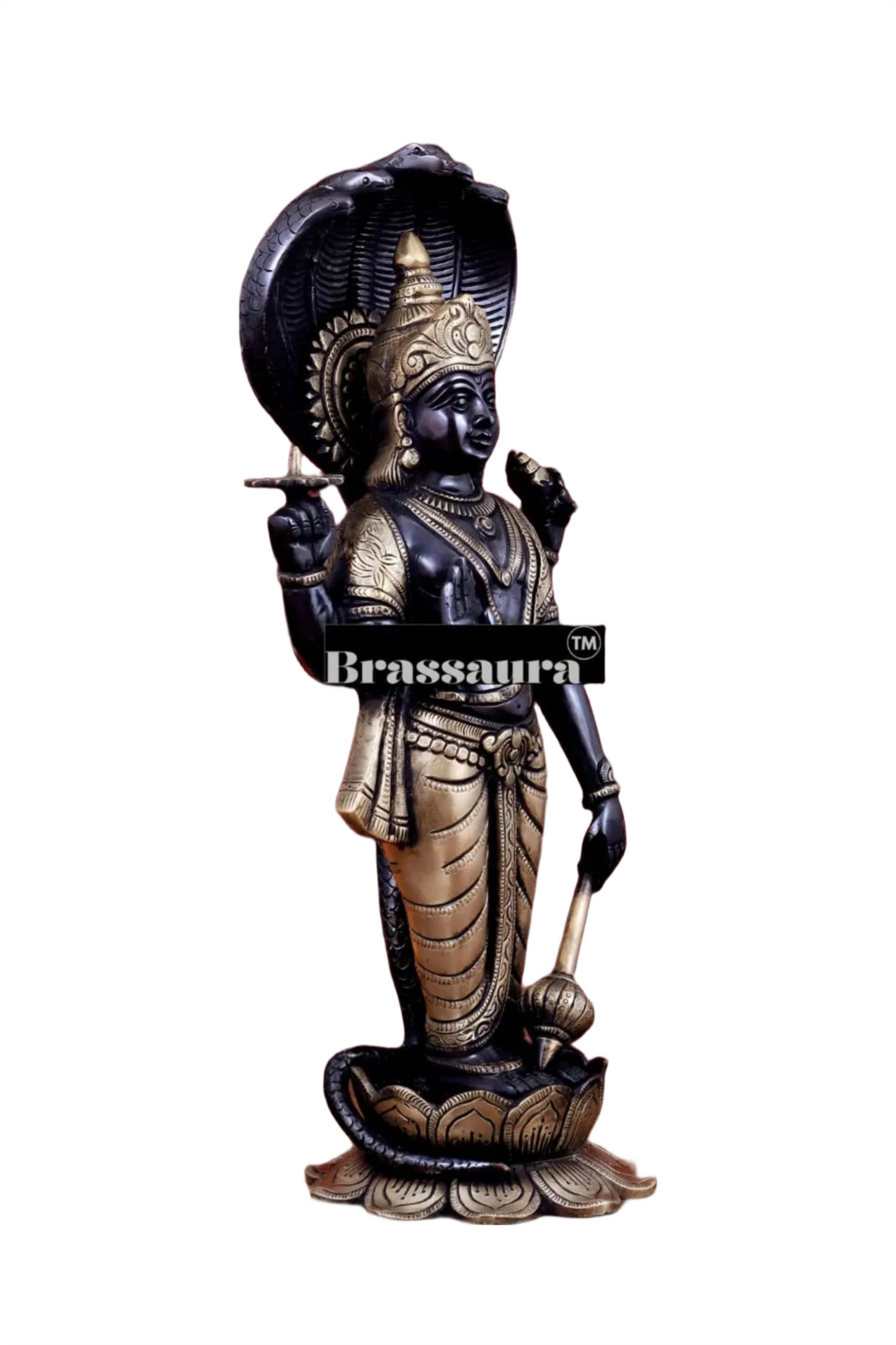 Brassaura™ Handcrafted Pure Brass Lord Vishnu on Lotus Base with Sheshnaag | 17 Inch Height | 7 KG Weight | Black Heat-Treated Finish