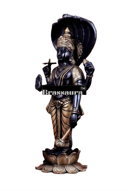 Brassaura™ Handcrafted Pure Brass Lord Vishnu on Lotus Base with Sheshnaag | 17 Inch Height | 7 KG Weight | Black Heat-Treated Finish