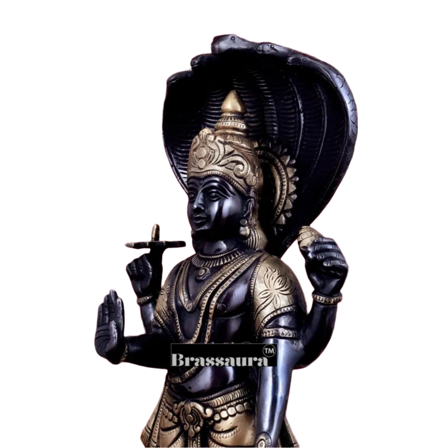 Brassaura™ Handcrafted Pure Brass Lord Vishnu on Lotus Base with Sheshnaag | 17 Inch Height | 7 KG Weight | Black Heat-Treated Finish