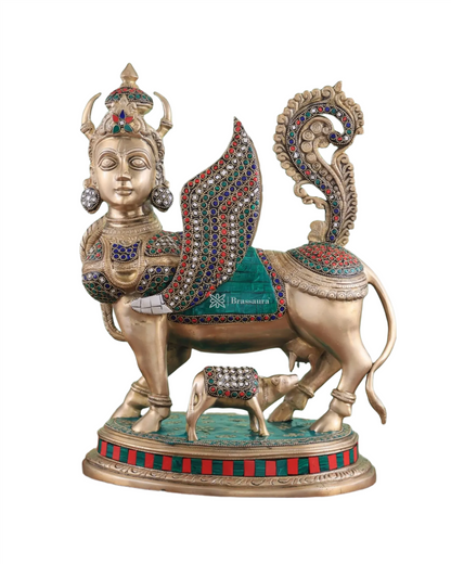 Brassaura™ Brass Kamdhenu Cow Statue with Meenakari Stonework | 16.5 Inches Height | 16 Kgs Weight | Divine Symbol of Grace & Prosperity