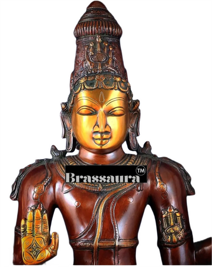 Brassaura™ Handcrafted Pure Brass Lord Vishnu Statue on Lotus Base with Sheshnaag | 37 Inch Height | 27 KG Weight | Black Heat-Treated Finish