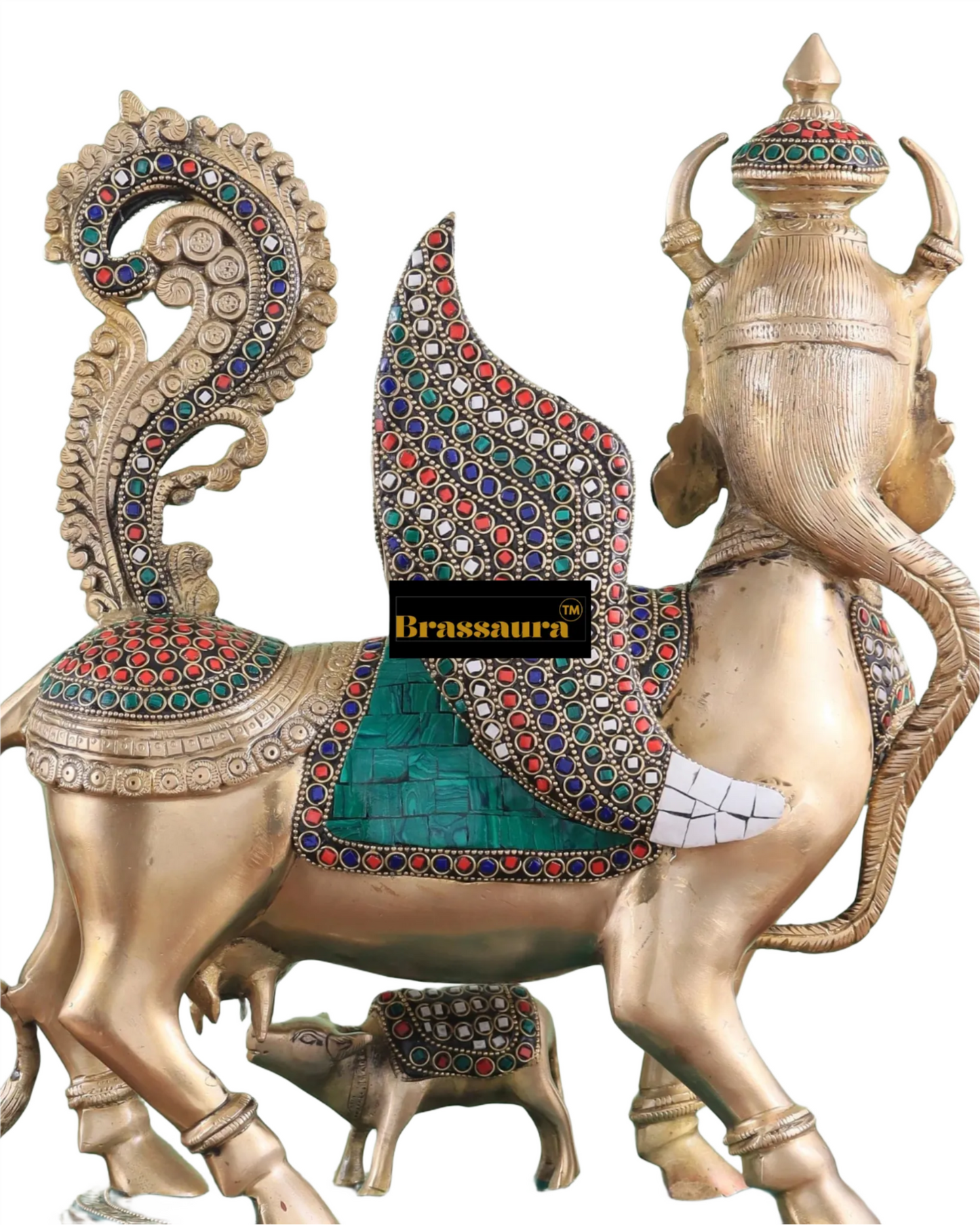 Brassaura™ Brass Kamdhenu Cow Statue with Meenakari Stonework | 16.5 Inches Height | 16 Kgs Weight | Divine Symbol of Grace & Prosperity