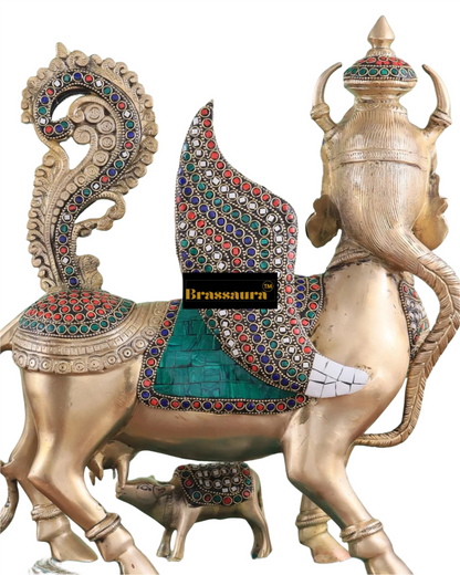 Brassaura™ Brass Kamdhenu Cow Statue with Meenakari Stonework | 16.5 Inches Height | 16 Kgs Weight | Divine Symbol of Grace & Prosperity