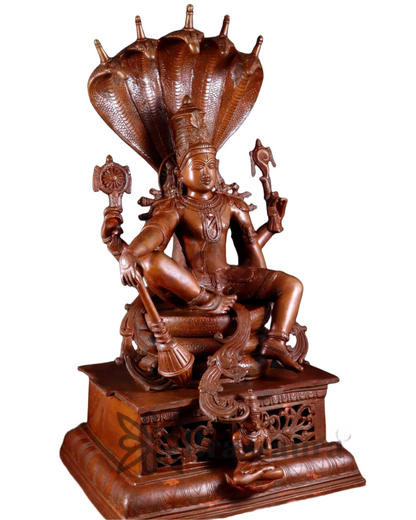 Brassaura™ Magnificent Brass Lord Vishnu Statue Seated on Engraved Pedestal with Sheshanaag and Hanuman | 29 Inch Height | 35 KG Weight | Chola Bronze Finish