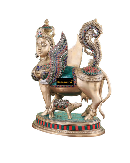 Brassaura™ Brass Kamdhenu Cow Statue with Meenakari Stonework | 16.5 Inches Height | 16 Kgs Weight | Divine Symbol of Grace & Prosperity