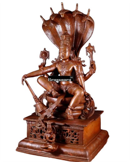 Brassaura™ Magnificent Brass Lord Vishnu Statue Seated on Engraved Pedestal with Sheshanaag and Hanuman | 29 Inch Height | 35 KG Weight | Chola Bronze Finish