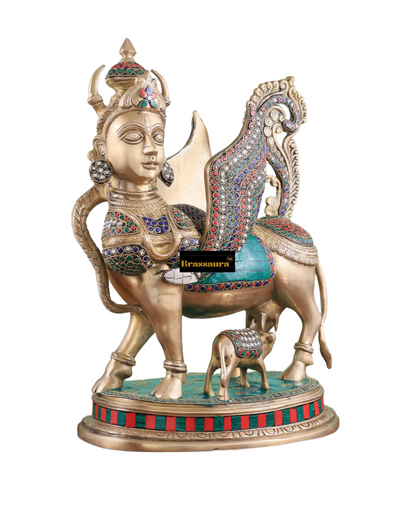 Brassaura™ Brass Kamdhenu Cow Statue with Meenakari Stonework | 16.5 Inches Height | 16 Kgs Weight | Divine Symbol of Grace & Prosperity