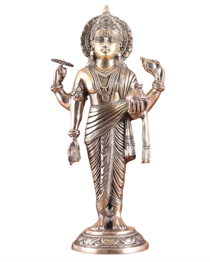 Brassaura™ Handcrafted Pure Brass Lord Dhanvantari Idol | 15 Inch Height | 4.16 KG Weight | Natural Brass Finish