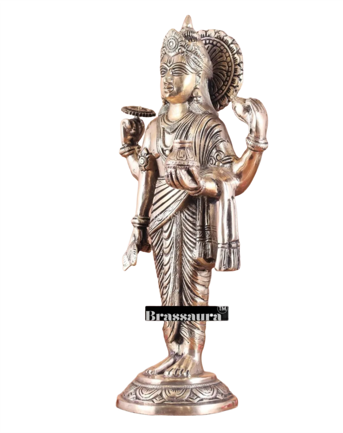 Brassaura™ Handcrafted Pure Brass Lord Dhanvantari Idol | 15 Inch Height | 4.16 KG Weight | Natural Brass Finish