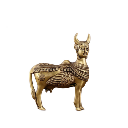Brassaura™ Pure Brass Kamdhenu Cow Statue with Wings & Goddess Face | 6 Inches Height | 2 Kgs Weight | Symbol of Abundance & Spirituality