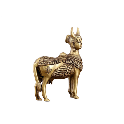 Brassaura™ Pure Brass Kamdhenu Cow Statue with Wings & Goddess Face | 6 Inches Height | 2 Kgs Weight | Symbol of Abundance & Spirituality