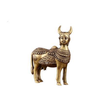 Brassaura™ Pure Brass Kamdhenu Cow Statue with Wings & Goddess Face | 6 Inches Height | 2 Kgs Weight | Symbol of Abundance & Spirituality