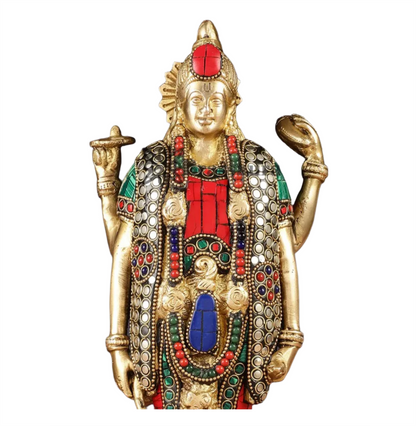Brassaura™ Handcrafted Pure Brass Lord Vishnu Satya Narayan Idol with Intricate Stonework | 12 Inch Height | 4 KG Weight | Beautifully Adorned