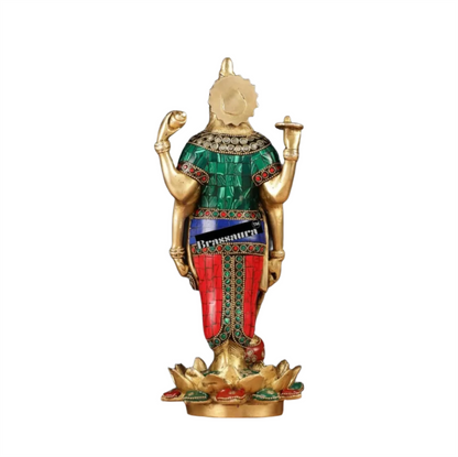 Brassaura™ Handcrafted Pure Brass Lord Vishnu Satya Narayan Idol with Intricate Stonework | 12 Inch Height | 4 KG Weight | Beautifully Adorned