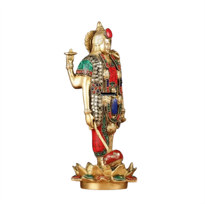 Brassaura™ Handcrafted Pure Brass Lord Vishnu Satya Narayan Idol with Intricate Stonework | 12 Inch Height | 4 KG Weight | Beautifully Adorned