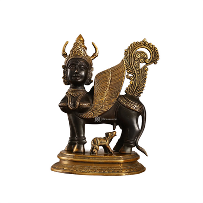 Brassaura™ Handcrafted Brass Kamdhenu Cow with Calf Statue | 10 Inches Height | 5 Kgs Weight | Elegant Black & Gold Finish
