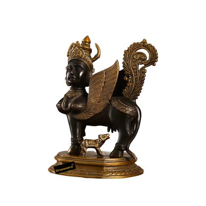 Brassaura™ Handcrafted Brass Kamdhenu Cow with Calf Statue | 10 Inches Height | 5 Kgs Weight | Elegant Black & Gold Finish