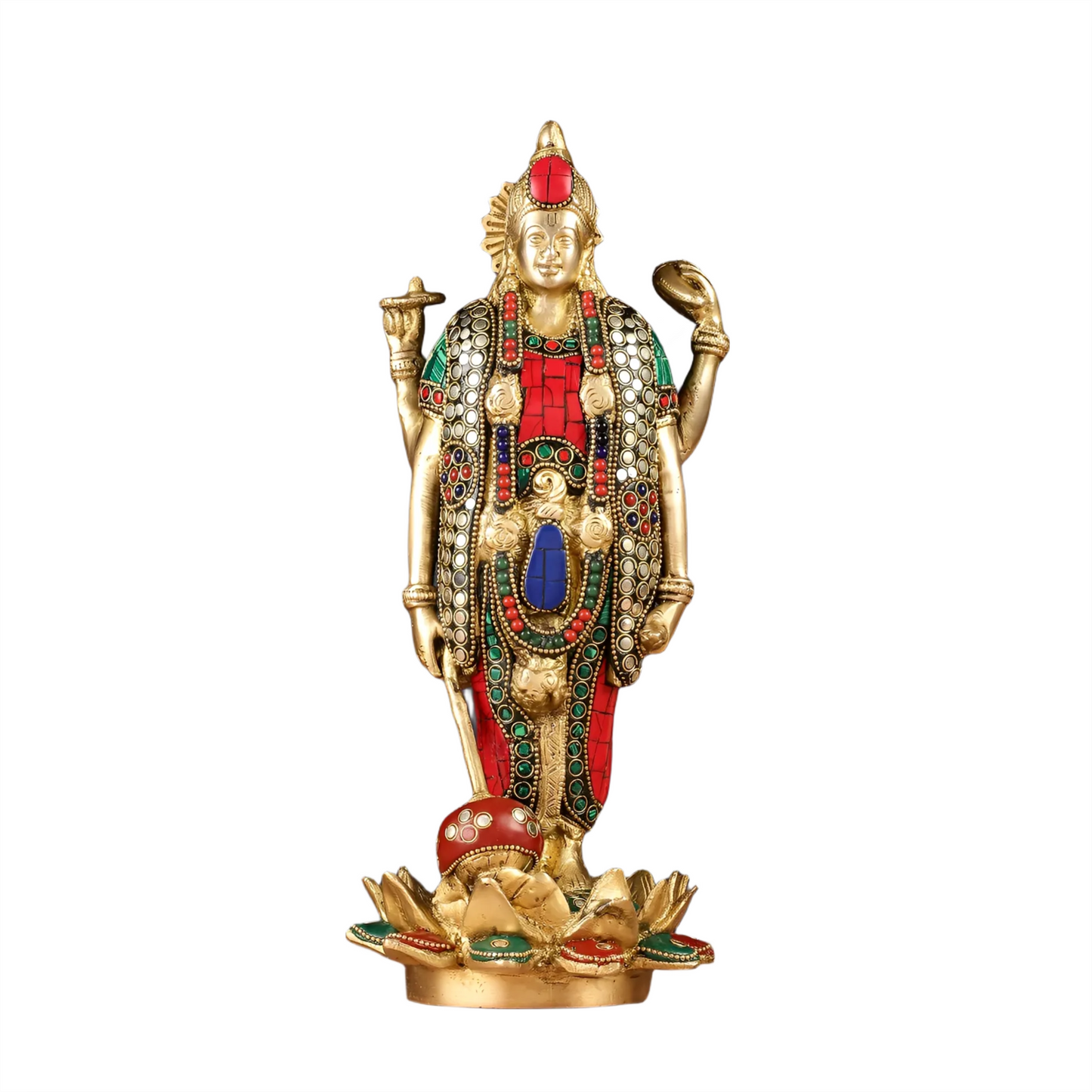 Brassaura™ Handcrafted Pure Brass Lord Vishnu Satya Narayan Idol with Intricate Stonework | 12 Inch Height | 4 KG Weight | Beautifully Adorned