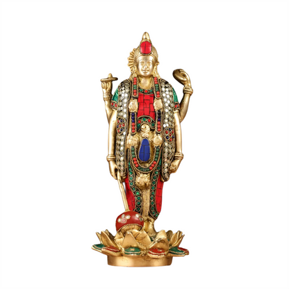 Brassaura™ Handcrafted Pure Brass Lord Vishnu Satya Narayan Idol with Intricate Stonework | 12 Inch Height | 4 KG Weight | Beautifully Adorned