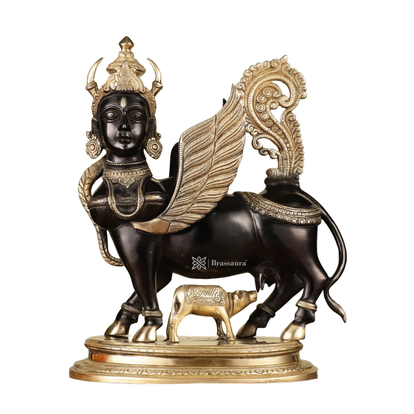 Brassaura™ Kamdhenu Cow with Wings and Mother Face Statue | 16.5 Inches Height | 14 Kgs Weight | Elegant Black Tone Brass