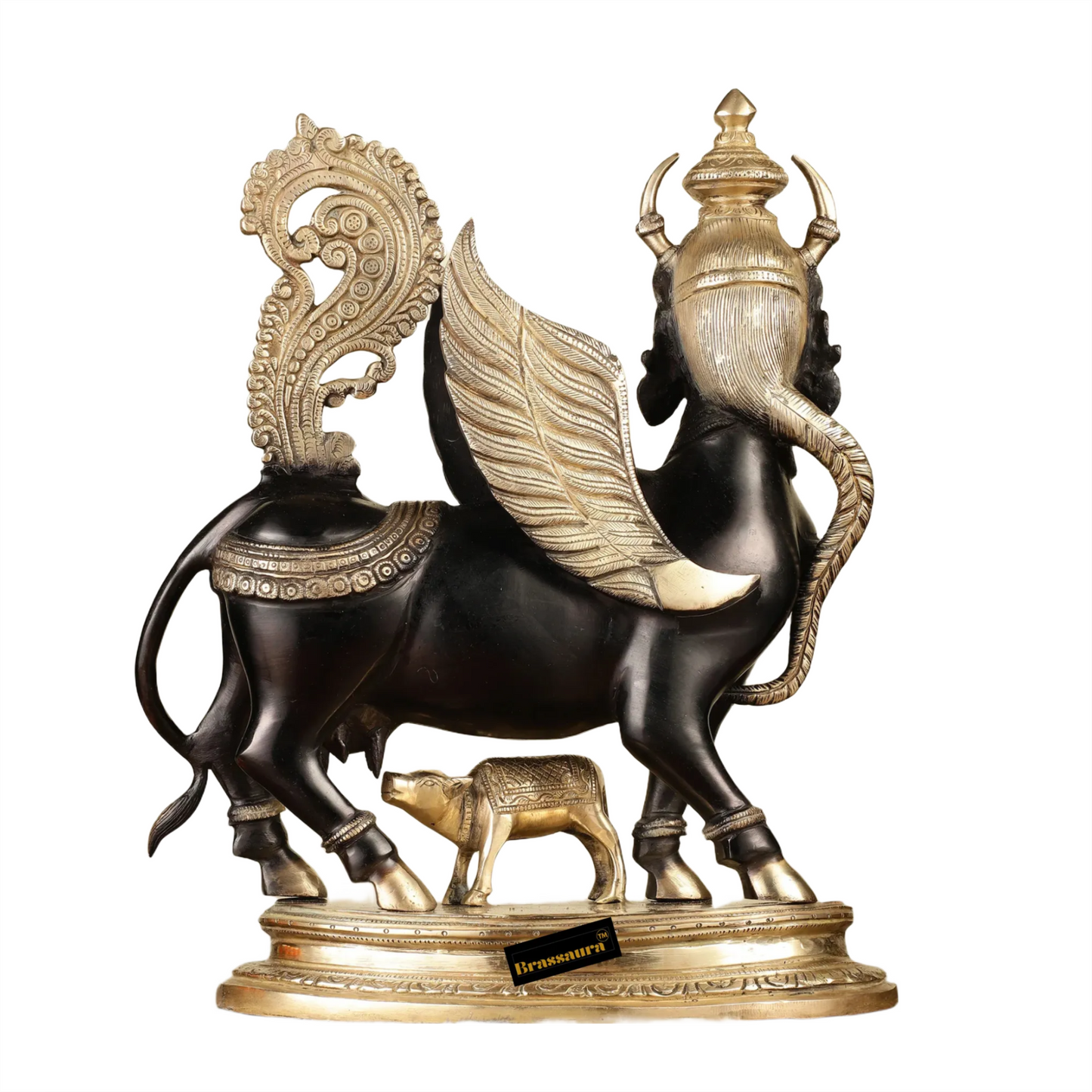 Brassaura™ Kamdhenu Cow with Wings and Mother Face Statue | 16.5 Inches Height | 14 Kgs Weight | Elegant Black Tone Brass
