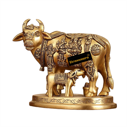 Brassaura™ Engraved Brass Kamdhenu Statue | 5 Inches Height | 2 Kgs Weight | Antique Gold Finish