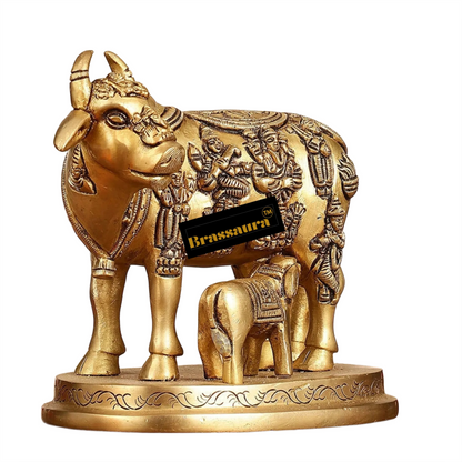 Brassaura™ Engraved Brass Kamdhenu Statue | 5 Inches Height | 2 Kgs Weight | Antique Gold Finish