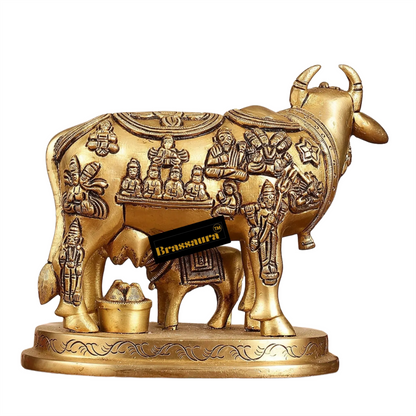 Brassaura™ Engraved Brass Kamdhenu Statue | 5 Inches Height | 2 Kgs Weight | Antique Gold Finish