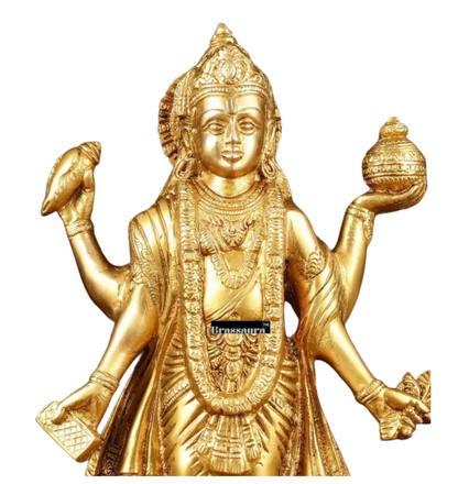 Brassaura™ Handcrafted Pure Brass Lord Dhanvantari Statue | 10 Inch Height | 2.7 KG Weight | Intricate Detailing