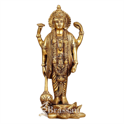 Brassaura™ Handcrafted Superfine Brass Lord Vishnu Satyanarayan Statue with Four Arms (Chaturbhuja) on Lotus Base | 8 Inch Height | 2 KG Weight