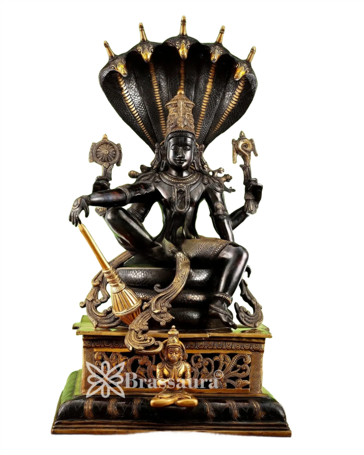 Brassaura™ Superfine Brass Lord Vishnu Idol Seated on Engraved Pedestal with Sheshanaag and Hanuman | 29 Inch Height | 35 KG Weight