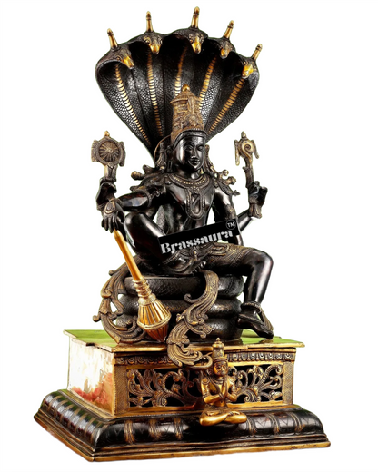 Brassaura™ Superfine Brass Lord Vishnu Idol Seated on Engraved Pedestal with Sheshanaag and Hanuman | 29 Inch Height | 35 KG Weight