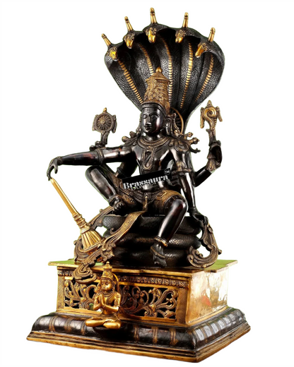 Brassaura™ Superfine Brass Lord Vishnu Idol Seated on Engraved Pedestal with Sheshanaag and Hanuman | 29 Inch Height | 35 KG Weight